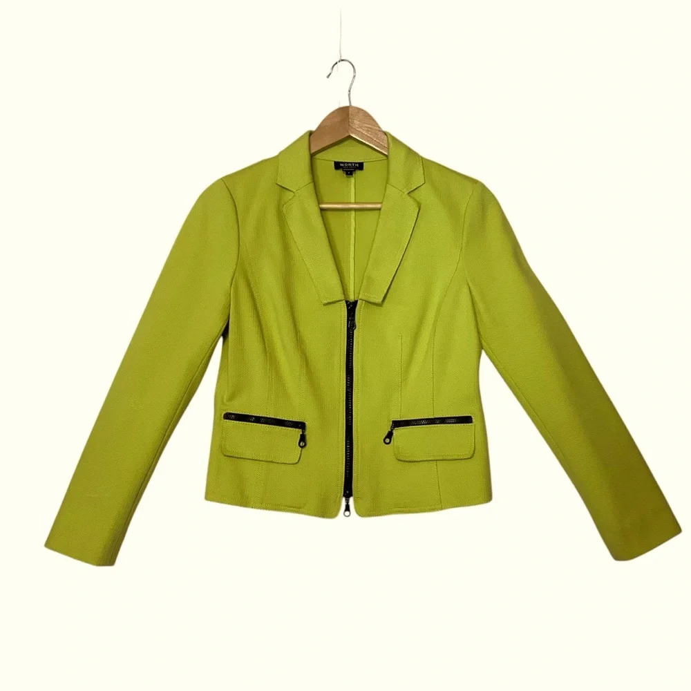 WORTH sz 2 Blazer Jacket 2 Way Front Zipper Pockets V Neck Unlined Chartreuse